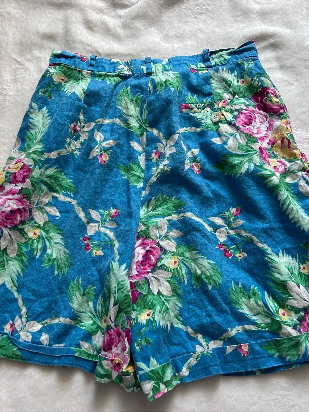 Lauren Ralph Lauren Blue Floral 100% Linen High-Waist Button-Front Shorts Size 6